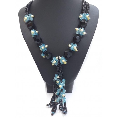 Collar Cascada Combinado Negro, Azul y Perla