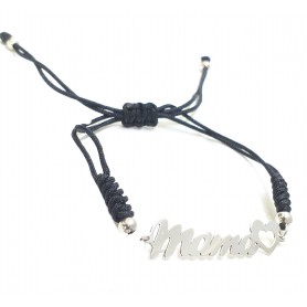 Pulsera Macrame Negro con Plata Mamá Corazón