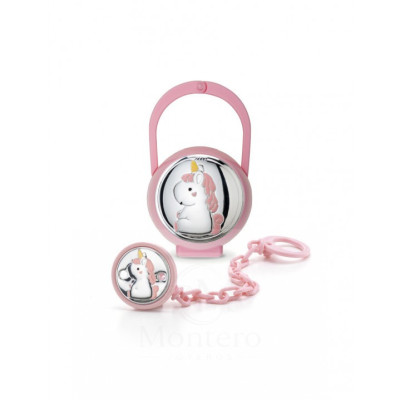 Set Pinza Chupete y Portachupete Rosa Unicornio