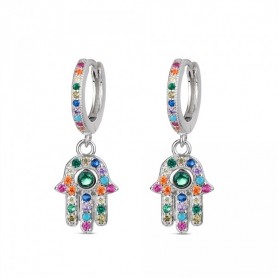 Pendiente de plata rodiado aro de 12 mm con Hamsa multicolor de 12 mm