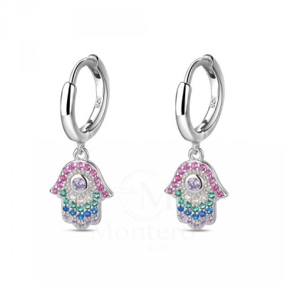 Pendiente de plata rodiado aro de 12 mm con Hamsa multicolor de 12 mm