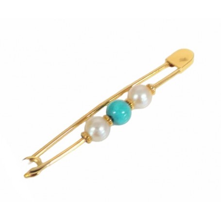 Broche Solapa Oro Imperdible Turquesa y Perlas