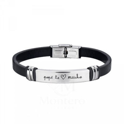 Pulsera de acero caballero cuero negro liso papá te quiero mucho