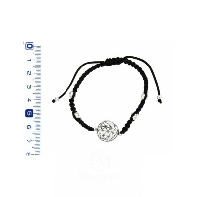 Pulsera Macrame Negro y Flor de la Vida Plata