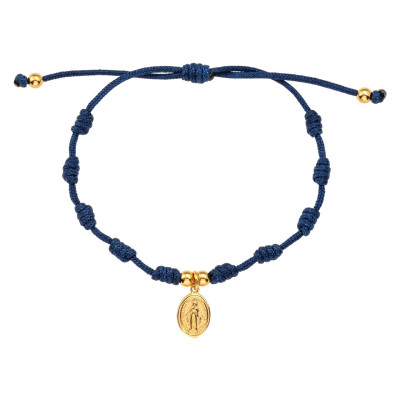 Pulsera Macrame Azul Nudos Virgen Milagrosa Plata Chapada