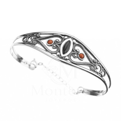 Pulsera Plata Brazalete Azabache y Coral