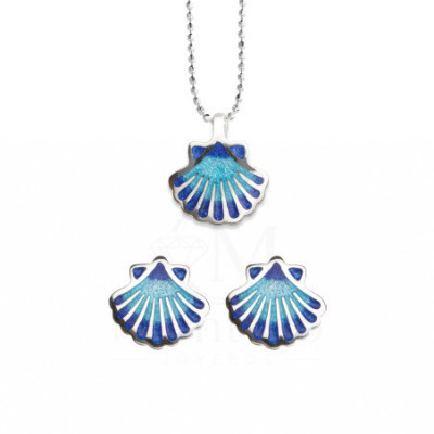 Set Pendientes y Colgante Plata Concha Peregrino Esmalte Azul