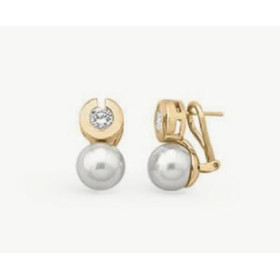 Pendientes cortos con cierre omega con pincho en plata bañada en oro de 18k con perla redonda blanca de 10mm y circonita.