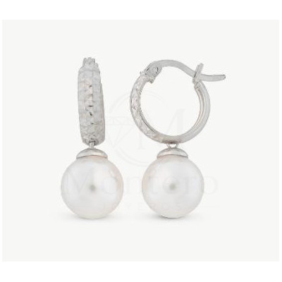 Pendientes de aro con criolla en plata y perla redonda blanca de 10mm.