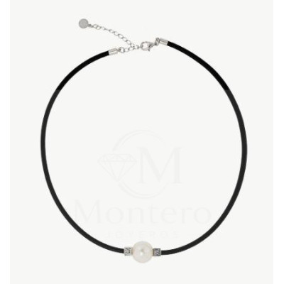 Collar Cuero Negro y Perla Tilos