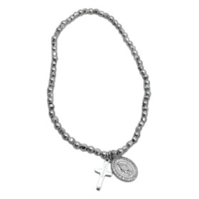 Pulsera Plata Bolitas Brillo con Medalla y Cruz