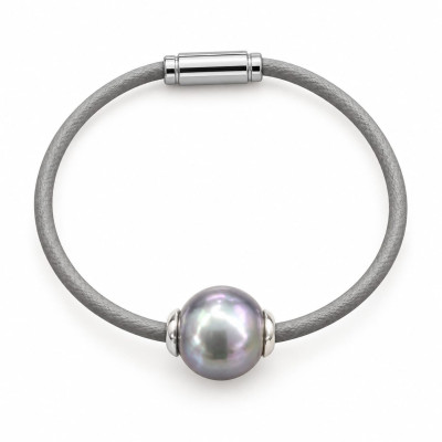 Pulsera Cuero Perla Gris Majorica