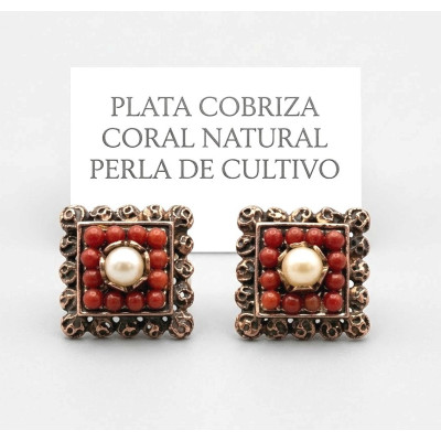 Pendientes Plata Cobriza Corales y Perla